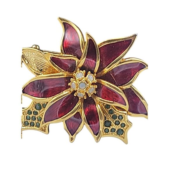 Nolan Miller Poinsettia Jewelry Set Red Enamel Gold Plated Brooch Clip On Earrin - Picture 6 of 16